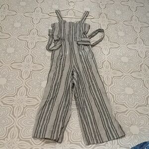 ONLY Cotton Linen Denim Blue Striped Overalls Small Tie Waist Pants